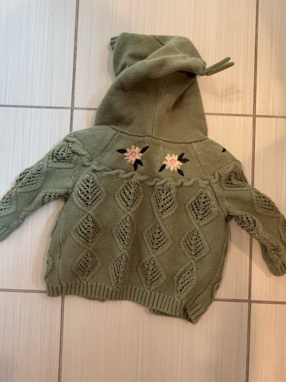 Souris Mini 9-12M Green Knit Cardigan Hoodie Embroidered Floral Sweater - Picture 2 of 3